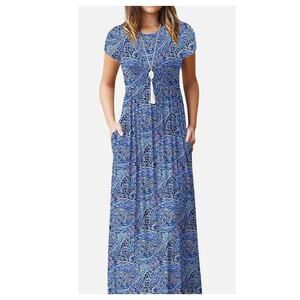 Grecerelle Blue Paisley Maxi Midi Dress S Small Short Sleeve Stretchy Pockets